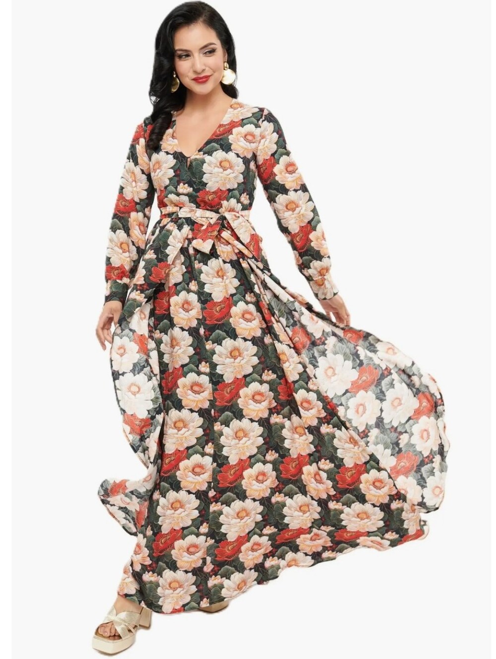 NWT Unique Vintage 1970s White & Red Floral Farrah Maxi Dress Modcloth LG 10 12